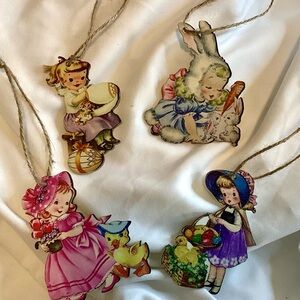 Vintage Victorian style Easter Spring tree ornament. Children girl playing. Wood